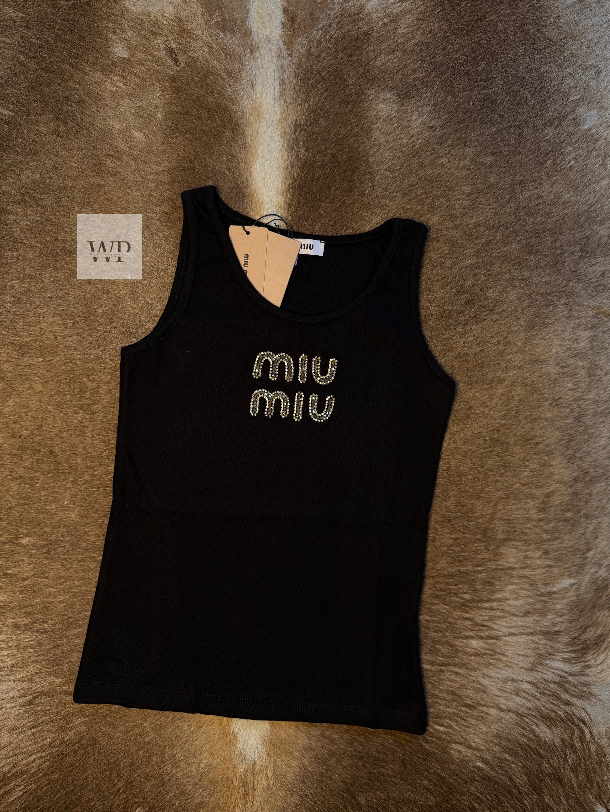 MM black tank top gold & beige strace logo