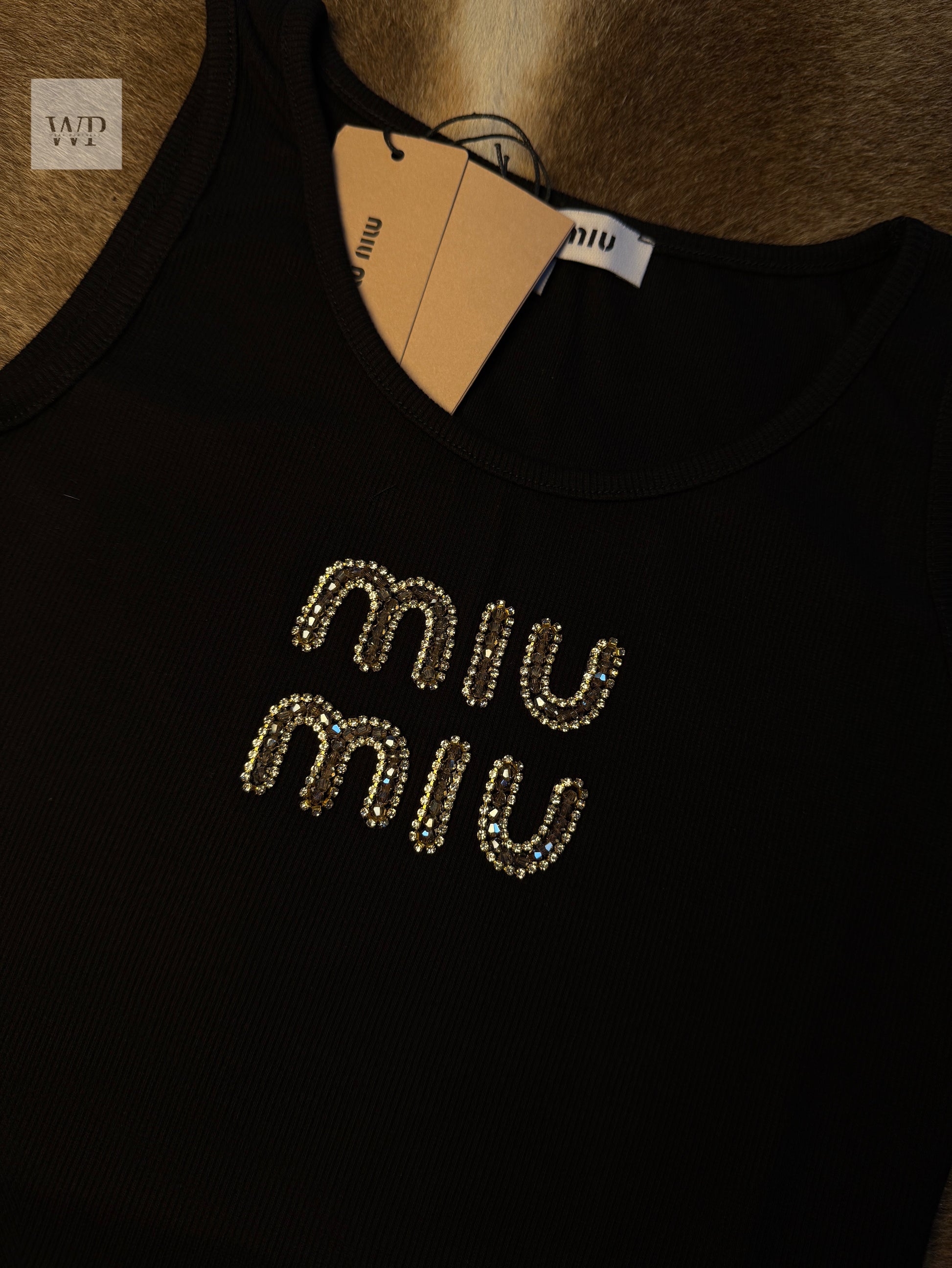 MM black tank top gold & beige strace logo